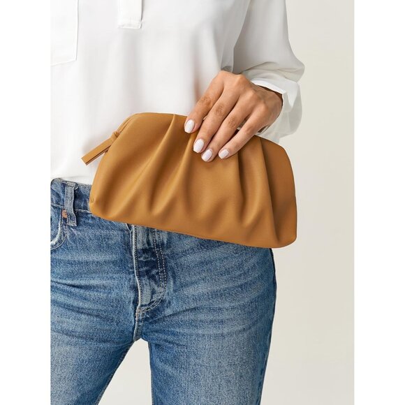 ⚡Women\'s Soft Pleated Vegan Leather Zipper Closure Evening Brown Clutch Bag
